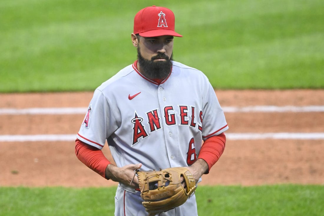 May 13, 2023; Cleveland, Ohio, USA; Los Angeles Angels third baseman Anthony Rendon (6) walks to the dugout in the sixth inning against the Cleveland Guardians at Progressive Field. Mandatory Credit: David Richard-USA TODAY Sports