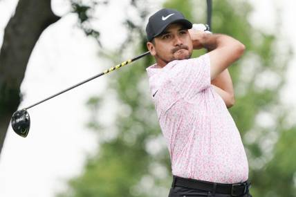 May 14, 2023; McKinney, Texas, USA; Jason Day plays his shot from the second tee during the final round of the AT&T Byron Nelson golf tournament. Mandatory Credit: Raymond Carlin III-USA TODAY Sports