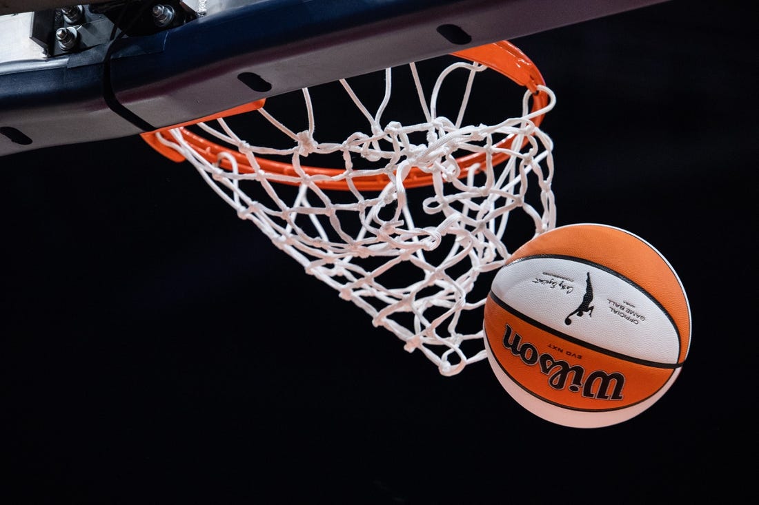 May 19, 2023; Indianapolis, Indiana, USA; a view of the ball in the second half of the game between the Indiana Fever and the Connecticut Sun at Gainbridge Fieldhouse. Mandatory Credit: Trevor Ruszkowski-USA TODAY Sports