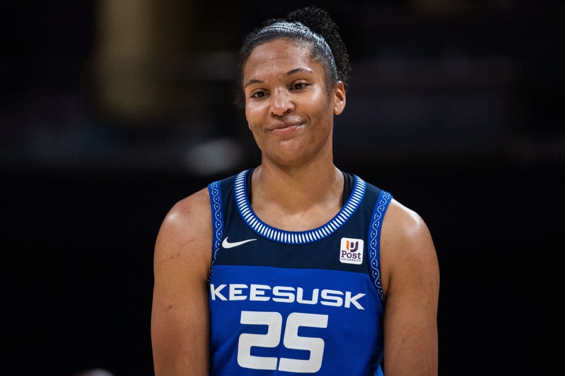 May 19, 2023; Indianapolis, Indiana, USA; Connecticut Sun forward Alyssa Thomas (25) in the second half against the Indiana Fever at Gainbridge Fieldhouse. Mandatory Credit: Trevor Ruszkowski-USA TODAY Sports