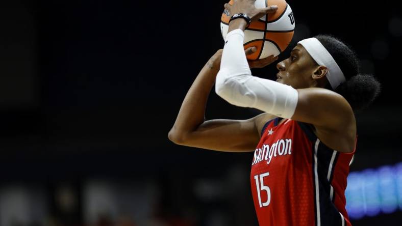 May 19, 2023; Washington, District of Columbia, USA; Washington Mystics guard Brittney Sykes (15) shoots the ball against the New York Liberty at Entertainment & Sports Arena. Mandatory Credit: Geoff Burke-USA TODAY Sports