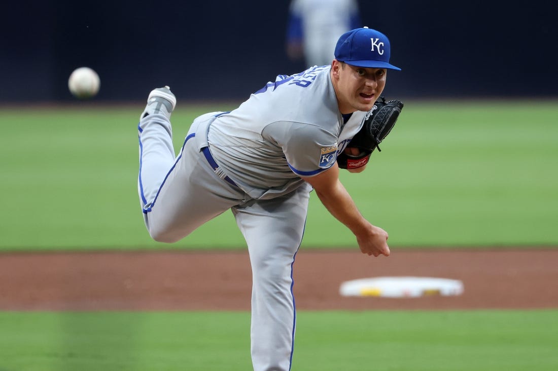 May 15, 2023; San Diego, California, USA;  Kansas City Royals starting pitcher Brad Keller (56) throws a pitch against the San Diego Padres at Petco Park. Mandatory Credit: Kiyoshi Mio-USA TODAY Sports