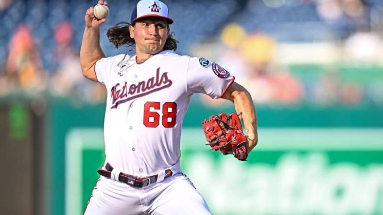 May 25, 2023; Washington, District of Columbia, USA; Washington Nationals relief pitcher Thaddeus Ward (68) pitches against the San Diego Padres during the seventh inning at Nationals Park. Mandatory Credit: Reggie Hildred-USA TODAY Sports