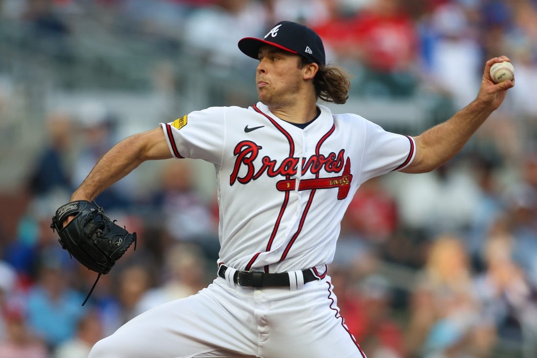 May 25, 2023; Atlanta, Georgia, USA; Atlanta Braves starting pitcher Dylan Dodd (46) throws against the Philadelphia Phillies in the first inning at Truist Park. Mandatory Credit: Brett Davis-USA TODAY Sports