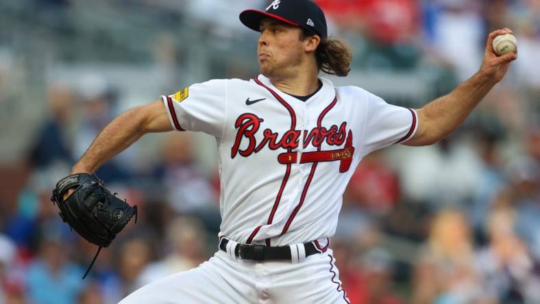 May 25, 2023; Atlanta, Georgia, USA; Atlanta Braves starting pitcher Dylan Dodd (46) throws against the Philadelphia Phillies in the first inning at Truist Park. Mandatory Credit: Brett Davis-USA TODAY Sports