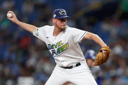 May 26, 2023; St. Petersburg, Florida, USA;  Tampa Bay Rays relief pitcher Cooper Criswell (71) throws a pitch against the Los Angeles Dodgers in the third inning at Tropicana Field. Mandatory Credit: Nathan Ray Seebeck-USA TODAY Sports