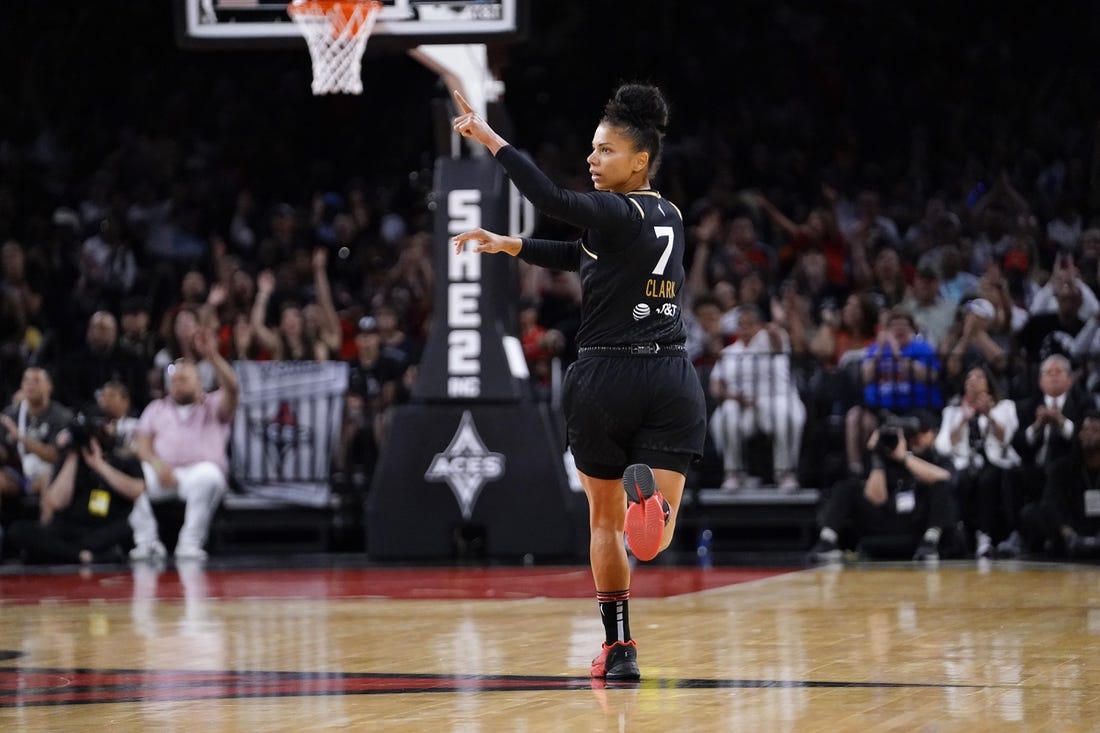 May 28, 2023; Las Vegas, Nevada, USA; Las Vegas Aces forward Alysha Clark (7) celebrates after scoring against the Minnesota Lynx during the third quarter at Michelob Ultra Arena. Mandatory Credit: Lucas Peltier-USA TODAY Sports