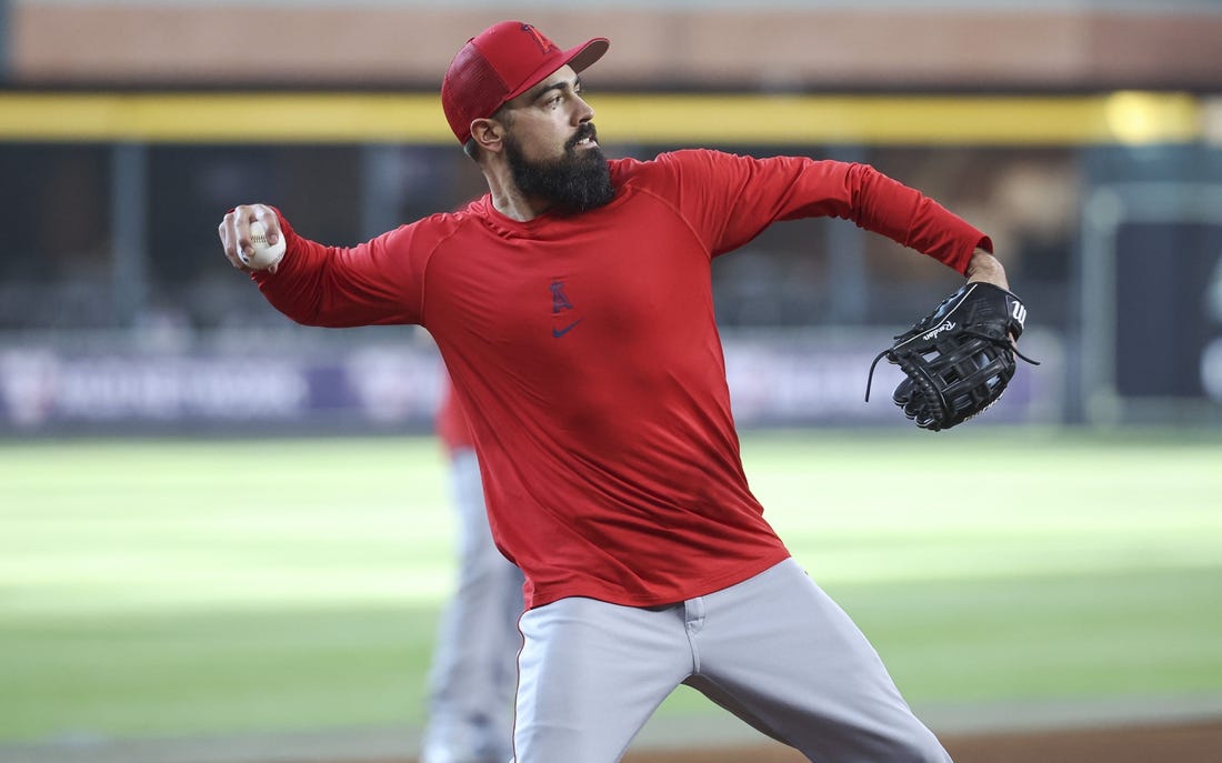 Jun 2, 2023; Houston, Texas, USA; Los Angeles Angels infielder Anthony Rendon during infield practice before the game against the Houston Astros at Minute Maid Park. Mandatory Credit: Troy Taormina-USA TODAY Sports