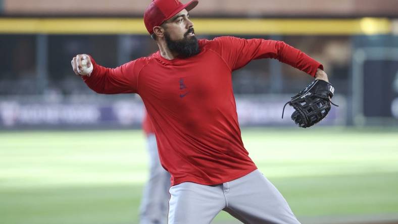 Jun 2, 2023; Houston, Texas, USA; Los Angeles Angels infielder Anthony Rendon during infield practice before the game against the Houston Astros at Minute Maid Park. Mandatory Credit: Troy Taormina-USA TODAY Sports