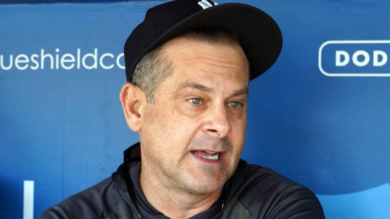 Jun 3, 2023; Los Angeles, California, USA; New York Yankees manager Aaron Boone (17) reacts during the game against the Los Angeles Dodgers at Dodger Stadium. Mandatory Credit: Kirby Lee-USA TODAY Sports