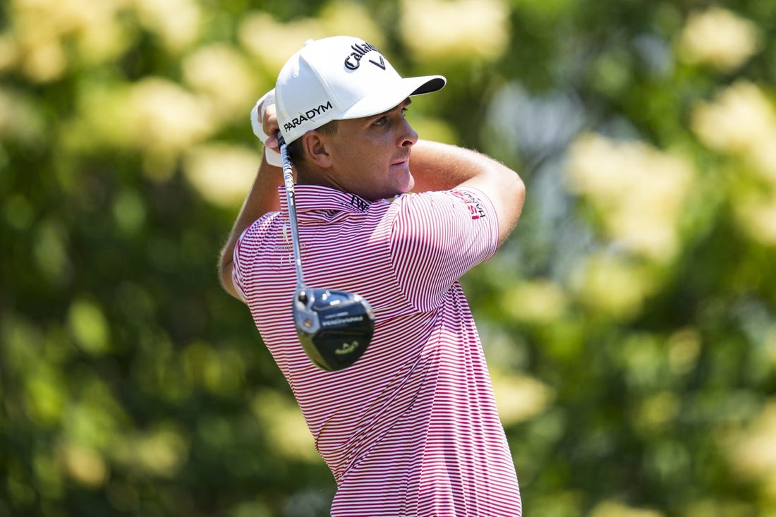 Jun 4, 2023; Dublin, Ohio, USA; Christiaan Bezuidenhout plays his shot from the 15th tee during the final round of the Memorial Tournament golf tournament at the Muirfield Village Golf Club. Mandatory Credit: Aaron Doster-USA TODAY Sports