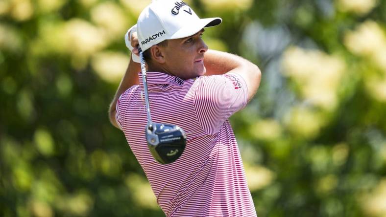 Jun 4, 2023; Dublin, Ohio, USA; Christiaan Bezuidenhout plays his shot from the 15th tee during the final round of the Memorial Tournament golf tournament at the Muirfield Village Golf Club. Mandatory Credit: Aaron Doster-USA TODAY Sports