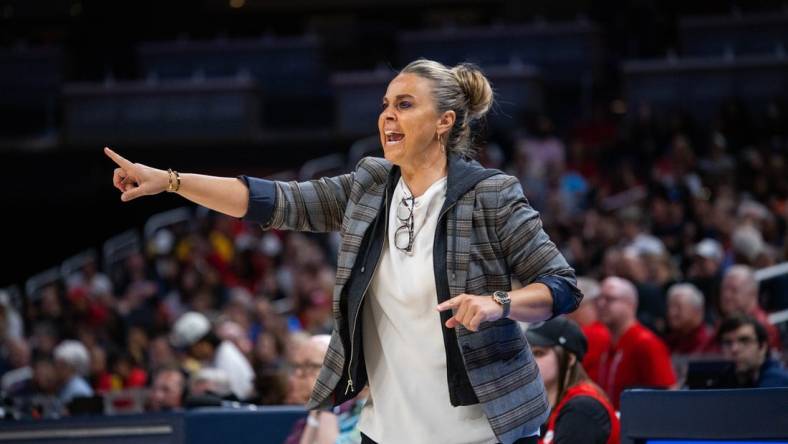Jun 4, 2023; Indianapolis, Indiana, USA; Las Vegas Aces head coach Becky Hammon in the second half against the Indiana Fever at Gainbridge Fieldhouse. Mandatory Credit: Trevor Ruszkowski-USA TODAY Sports