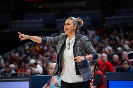 Jun 4, 2023; Indianapolis, Indiana, USA; Las Vegas Aces head coach Becky Hammon in the second half against the Indiana Fever at Gainbridge Fieldhouse. Mandatory Credit: Trevor Ruszkowski-USA TODAY Sports