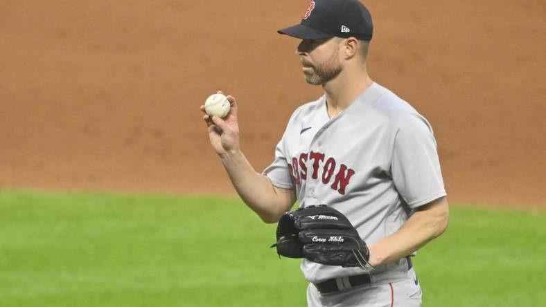 Jun 8, 2023; Cleveland, Ohio, USA; Boston Red Sox starting pitcher Corey Kluber (28) reacts in the sixth inning against the Cleveland Guardians at Progressive Field. Mandatory Credit: David Richard-USA TODAY Sports