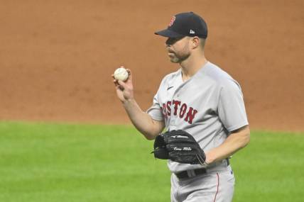 Jun 8, 2023; Cleveland, Ohio, USA; Boston Red Sox starting pitcher Corey Kluber (28) reacts in the sixth inning against the Cleveland Guardians at Progressive Field. Mandatory Credit: David Richard-USA TODAY Sports