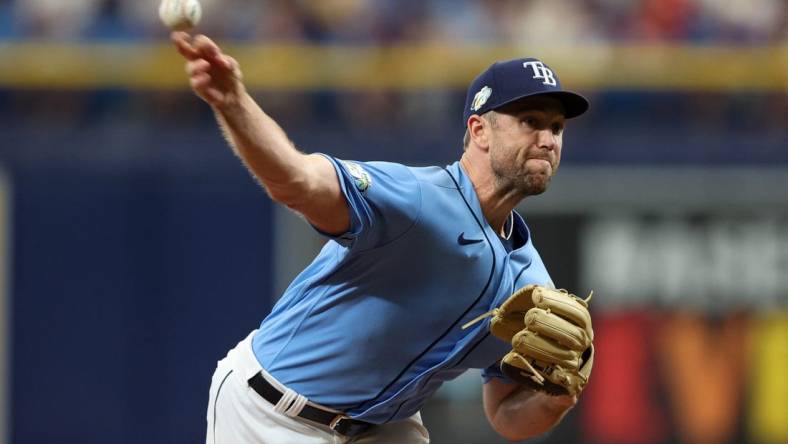 Jun 11, 2023; St. Petersburg, Florida, USA;  Tampa Bay Rays relief pitcher Jason Adam (47) throws a pitch against the Texas Rangers in the ninth inning at Tropicana Field. Mandatory Credit: Nathan Ray Seebeck-USA TODAY Sports