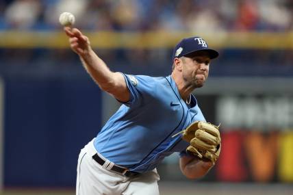Jun 11, 2023; St. Petersburg, Florida, USA;  Tampa Bay Rays relief pitcher Jason Adam (47) throws a pitch against the Texas Rangers in the ninth inning at Tropicana Field. Mandatory Credit: Nathan Ray Seebeck-USA TODAY Sports