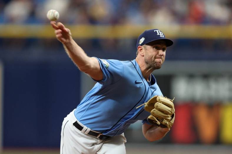 Jun 11, 2023; St. Petersburg, Florida, USA;  Tampa Bay Rays relief pitcher Jason Adam (47) throws a pitch against the Texas Rangers in the ninth inning at Tropicana Field. Mandatory Credit: Nathan Ray Seebeck-USA TODAY Sports