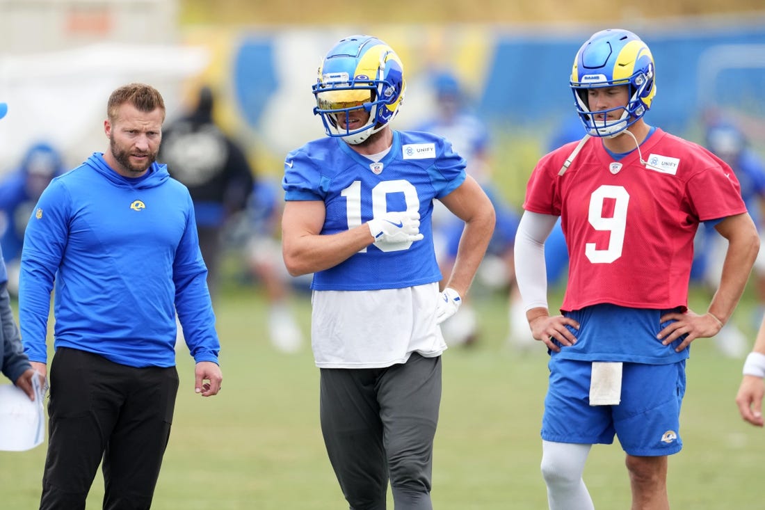 Jun 14, 2023; Thousand Oaks, CA, USA; Los Angeles Rams coach Sean McVay (left), receiver Cooper Kupp (10) and quarterback Matthew Stafford (9) during minicamp at Cal Lutheran University. Mandatory Credit: Kirby Lee-USA TODAY Sports