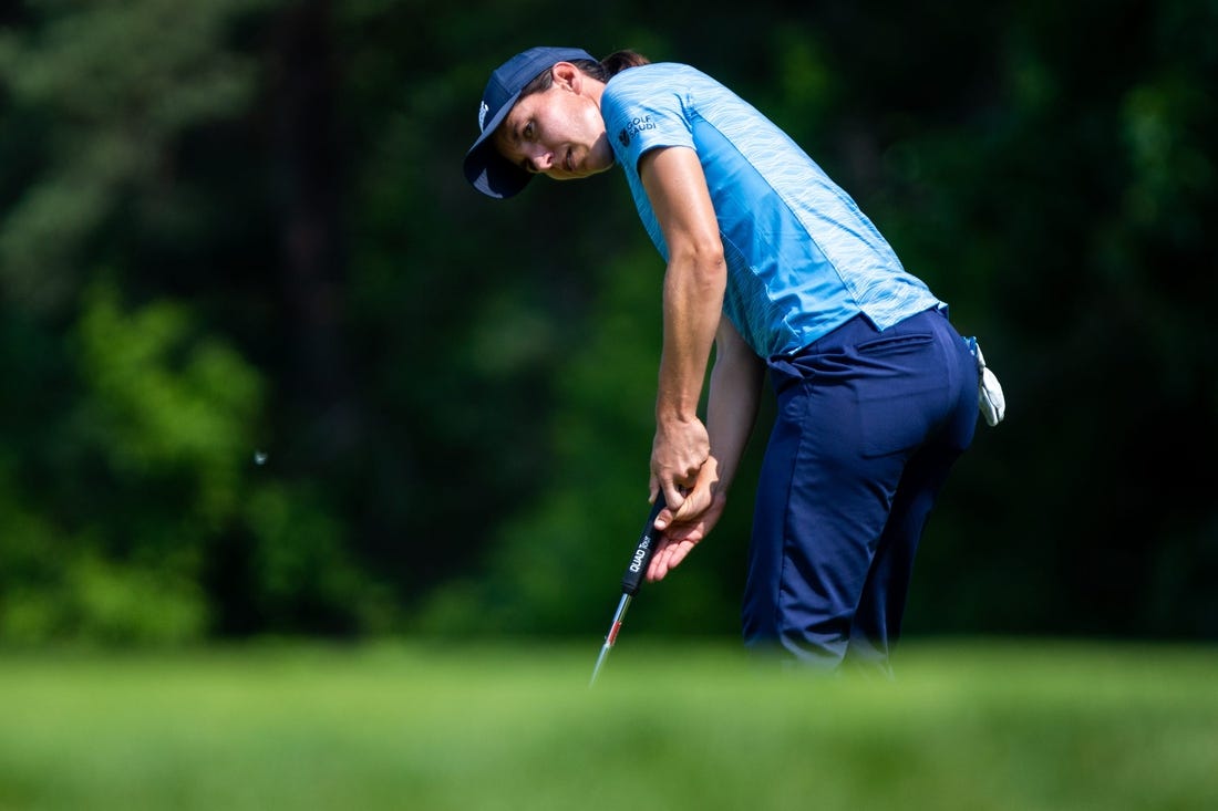 Carlota Ciganda putts her ball to the hole during the Meijer LPGA Classic Friday, June 16, 2023, at Blythefield Country Club in Belmont, MI.