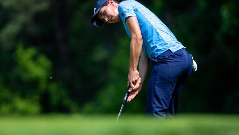 Carlota Ciganda putts her ball to the hole during the Meijer LPGA Classic Friday, June 16, 2023, at Blythefield Country Club in Belmont, MI.