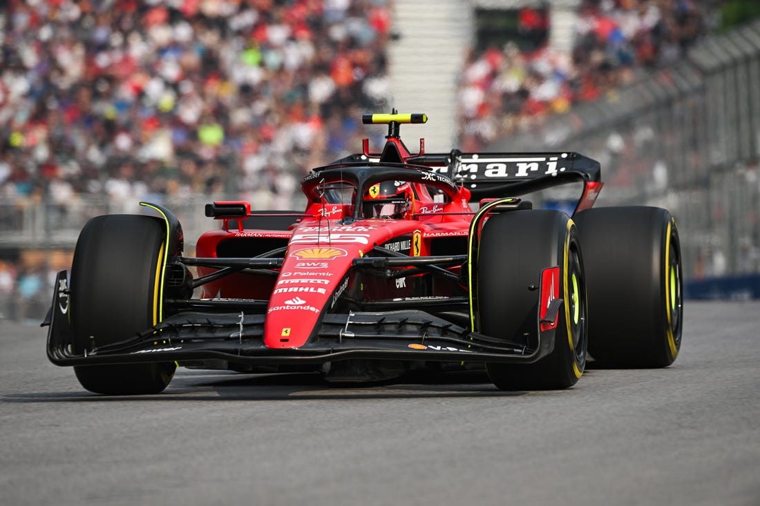 Jun 16, 2023; Montreal, Quebec, CAN; Ferrari driver Carlos Sainz of Spain  during the second practice session at the Canadian Grand Prix at Circuit Gilles Villeneuve. Mandatory Credit: David Kirouac-USA TODAY Sports