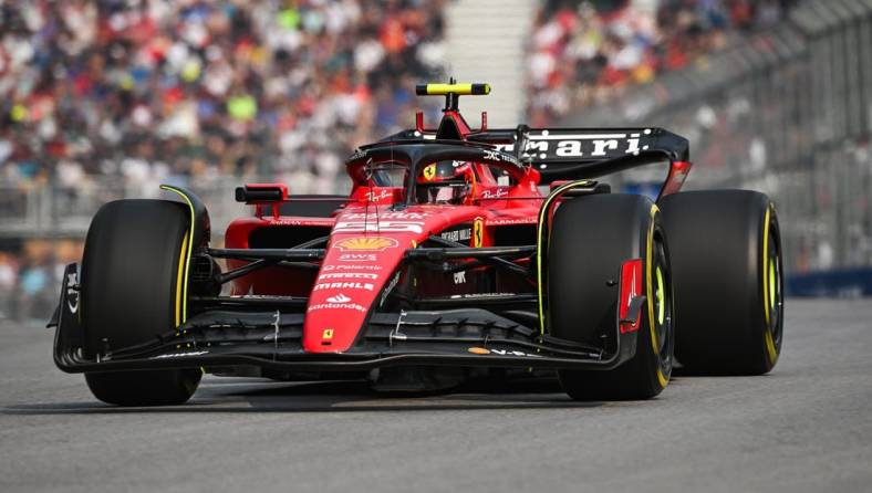 Jun 16, 2023; Montreal, Quebec, CAN; Ferrari driver Carlos Sainz of Spain  during the second practice session at the Canadian Grand Prix at Circuit Gilles Villeneuve. Mandatory Credit: David Kirouac-USA TODAY Sports