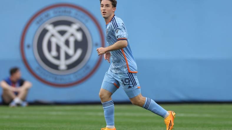 Jun 17, 2023; New York, New York, USA; New York City FC forward Gabriel Segal (19) in action against the Columbus Crew during the second half at Yankee Stadium. Mandatory Credit: Vincent Carchietta-USA TODAY Sports