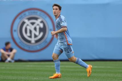 Jun 17, 2023; New York, New York, USA; New York City FC forward Gabriel Segal (19) in action against the Columbus Crew during the second half at Yankee Stadium. Mandatory Credit: Vincent Carchietta-USA TODAY Sports