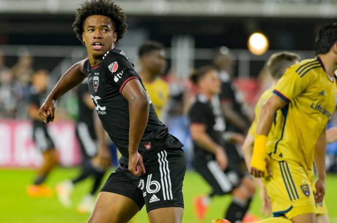 Jun 17, 2023; Washington, District of Columbia, USA; D.C. United forward Kristian Fletcher (26) reacts after a whistle during the second  half  against the Real Salt Lake at Audi Field. Real Salt Lake defeaterdf D.C. United 2-1.Mandatory Credit: Tommy Gilligan-USA TODAY Sports