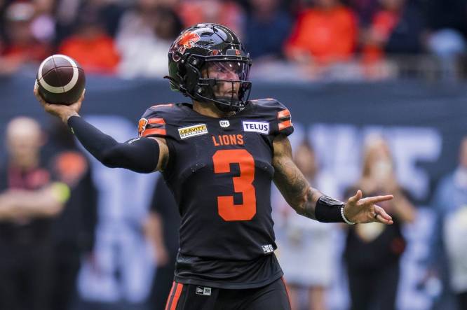 Jun 17, 2023; Vancouver, British Columbia, CAN; BC Lions quarterback Vernon Adams Jr. (3) makes a pass against the Edmonton Elks in the second half at BC Place. BC won 22-0. Mandatory Credit: Bob Frid-USA TODAY Sports