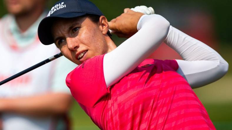 Carlota Ciganda tees off from hole two Sunday, June 18, 2023, at Blythefield Country Club in Belmont, MI.