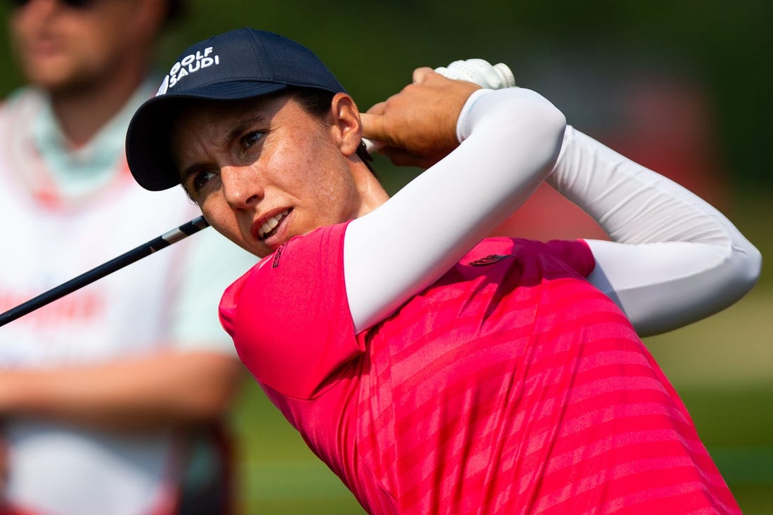 Carlota Ciganda tees off from hole two Sunday, June 18, 2023, at Blythefield Country Club in Belmont, MI.