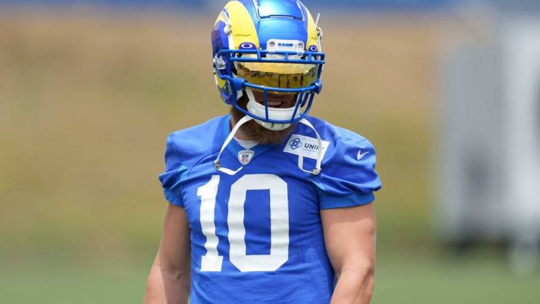 Jun 14, 2023; Thousand Oaks, CA, USA; Los Angeles Rams receiver Cooper Kupp (10) during minicamp at Cal Lutheran University. Mandatory Credit: Kirby Lee-USA TODAY Sports