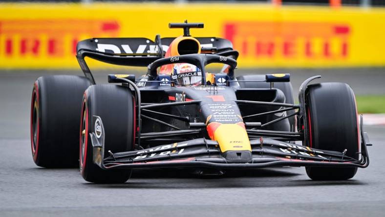 Jun 17, 2023; Montreal, Quebec, CAN; Red Bull Racing driver Max Verstappen (NED) races during the qualifying session of the Canadian Grand Prix at Circuit Gilles Villeneuve. Mandatory Credit: David Kirouac-USA TODAY Sports