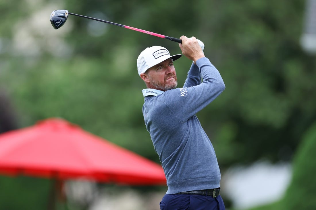 Jun 22, 2023; Cromwell, Connecticut, USA; Jimmy Walker plays his shot from the sixth tee during the first round of the Travelers Championship golf tournament. Mandatory Credit: Vincent Carchietta-USA TODAY Sports