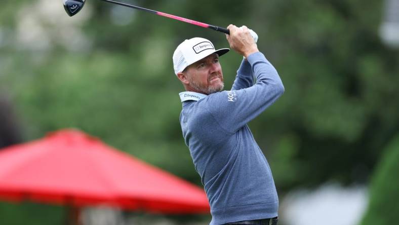 Jun 22, 2023; Cromwell, Connecticut, USA; Jimmy Walker plays his shot from the sixth tee during the first round of the Travelers Championship golf tournament. Mandatory Credit: Vincent Carchietta-USA TODAY Sports