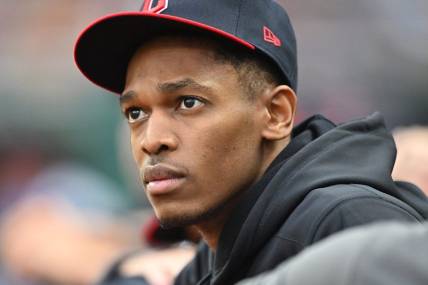 Jun 23, 2023; Cleveland, Ohio, USA; Cleveland Guardians pitcher Triston McKenzie watches the game between the Guardians and the Milwaukee Brewers from the dugout during the fifth inning at Progressive Field. Mandatory Credit: Ken Blaze-USA TODAY Sports