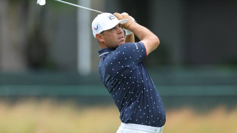 Jun 24, 2023; Cromwell, Connecticut, USA; Gary Woodland plays his shot on the seventh hole during the third round of the Travelers Championship golf tournament. Mandatory Credit: Vincent Carchietta-USA TODAY Sports