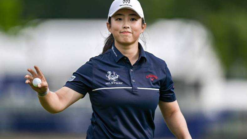 Jun 25, 2023; Springfield, New Jersey, USA; Ruoning Yin reacts on the 18th hole during the final round of the KPMG Women's PGA Championship golf tournament. Mandatory Credit: John Jones-USA TODAY Sports