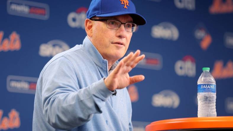 Jun 28, 2023; New York City, New York, USA; New York Mets owner Steve Cohen speaks to the media during a press conference before a game against the Milwaukee Brewers at Citi Field. Mandatory Credit: Brad Penner-USA TODAY Sports