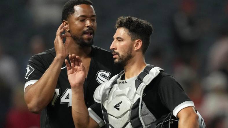 Jun 28, 2023; Anaheim, California, USA; Chicago White Sox right fielder Eloy Jimenez (74) and catcher Seby Zavala (44) celebrate at the end of the game against the Los Angeles Angels  at Angel Stadium. Mandatory Credit: Kirby Lee-USA TODAY Sports