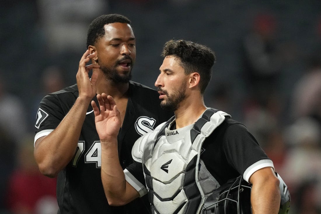 Jun 28, 2023; Anaheim, California, USA; Chicago White Sox right fielder Eloy Jimenez (74) and catcher Seby Zavala (44) celebrate at the end of the game against the Los Angeles Angels  at Angel Stadium. Mandatory Credit: Kirby Lee-USA TODAY Sports