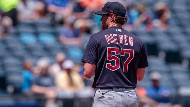 Jun 29, 2023; Kansas City, Missouri, USA; Cleveland Guardians starting pitcher Shane Bieber (57) on the mound during the first inning against the Kansas City Royals at Kauffman Stadium. Mandatory Credit: William Purnell-USA TODAY Sports