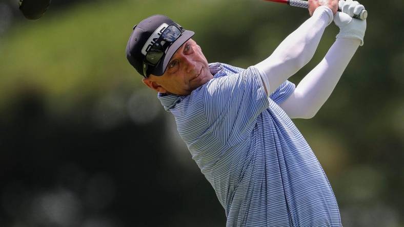 Kevin Sutherland holds his follow-through after hitting his tee shot on the 10th hole during the second round for the 2023 U.S. Senior Open on Friday, June 30, 2023, at SentryWorld in Stevens Point, Wis. Tork Mason/USA TODAY NETWORK-Wisconsin