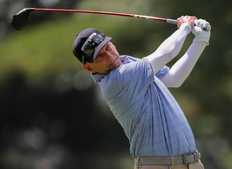 Kevin Sutherland holds his follow-through after hitting his tee shot on the 10th hole during the second round for the 2023 U.S. Senior Open on Friday, June 30, 2023, at SentryWorld in Stevens Point, Wis. Tork Mason/USA TODAY NETWORK-Wisconsin