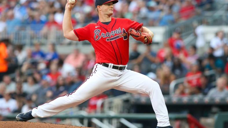 Jun 30, 2023; Atlanta, Georgia, USA; Atlanta Braves starting pitcher Michael Soroka (40) throws against the Miami Marlins in the second inning at Truist Park. Mandatory Credit: Brett Davis-USA TODAY Sports