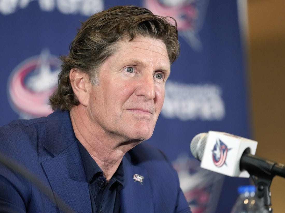 Jul 1, 2023; Columbus, OH, USA; Columbus Blue Jackets introduce Mike Babcock as their new head coach during a press conference at Nationwide Arena. Mandatory Credit: Kyle Robertson-USA TODAY NETWORK