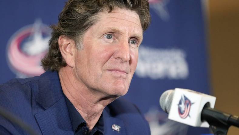 Jul 1, 2023; Columbus, OH, USA; Columbus Blue Jackets introduce Mike Babcock as their new head coach during a press conference at Nationwide Arena. Mandatory Credit: Kyle Robertson-USA TODAY NETWORK